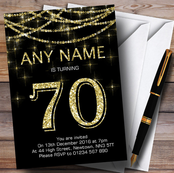 Black & Gold Sparkly Garland 70th Personalised Birthday Party Invitations