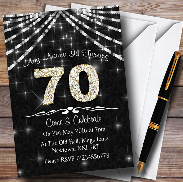 70Th Charcoal Grey & White Bling Sparkle Birthday Party Personalised Invitations