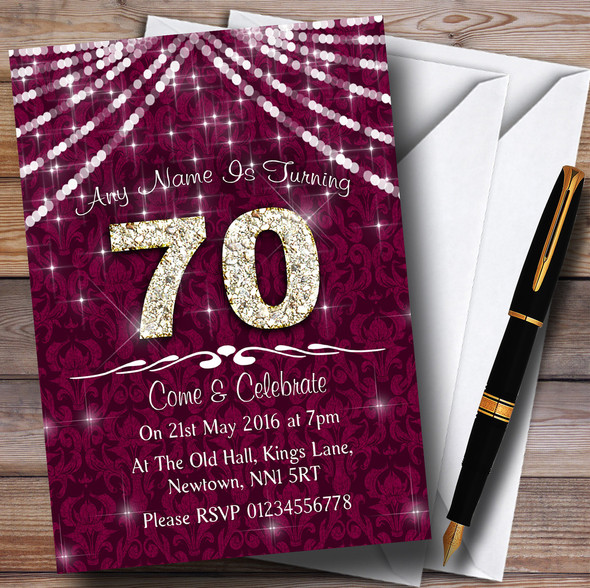 70Th Cranberry & White Bling Sparkle Birthday Party Personalised Invitations