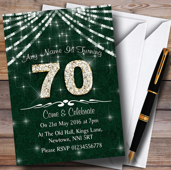 70Th Green & White Bling Sparkle Birthday Party Personalised Invitations
