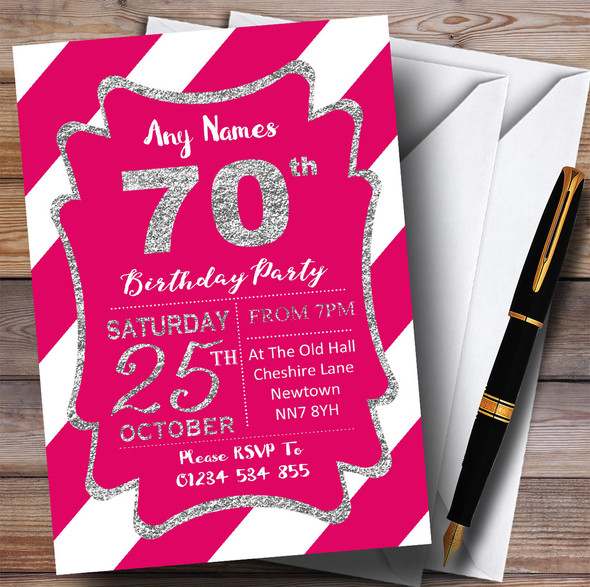 Pink White Diagonal Stripes Silver 70th Personalised Birthday Party Invitations