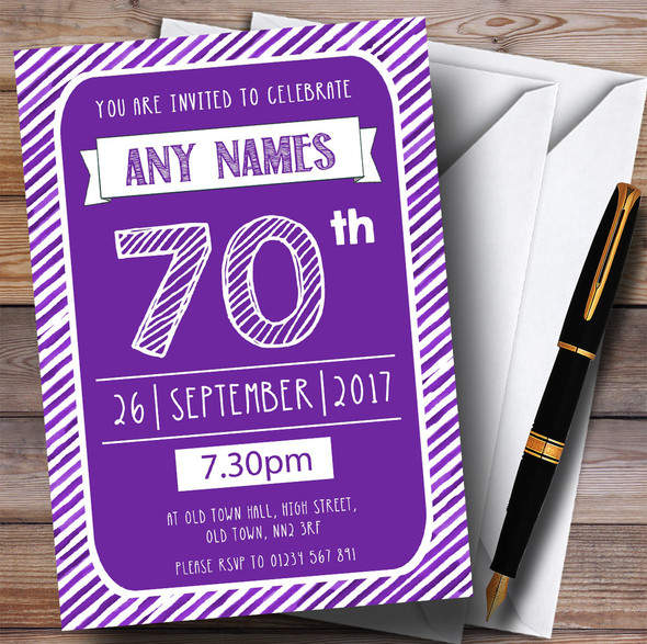 Purple & White Stripy Deco 70th Personalised Birthday Party Invitations