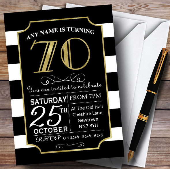 Black & White Stripy Gold 70th Personalised Birthday Party Invitations