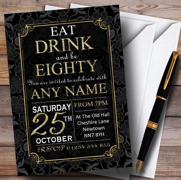 Black & Gold Flowers 80th Personalised Birthday Party Invitations