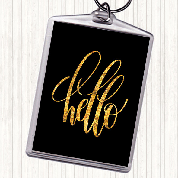 Black Gold Hello Swirl Quote Bag Tag Keychain Keyring