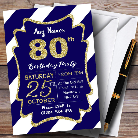 Blue White Diagonal Stripes Gold 80th Personalised Birthday Party Invitations