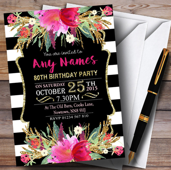 Pink Black & White Striped Floral 80th Personalised Birthday Party Invitations