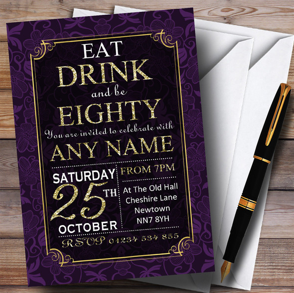 Purple & Gold Flowers 80th Personalised Birthday Party Invitations