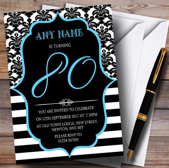 Vintage Damask Blue 80th Personalised Birthday Party Invitations