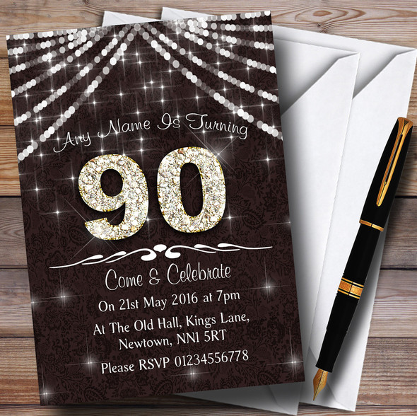 90Th  Brown & White Bling Sparkle Birthday Party Personalised Invitations