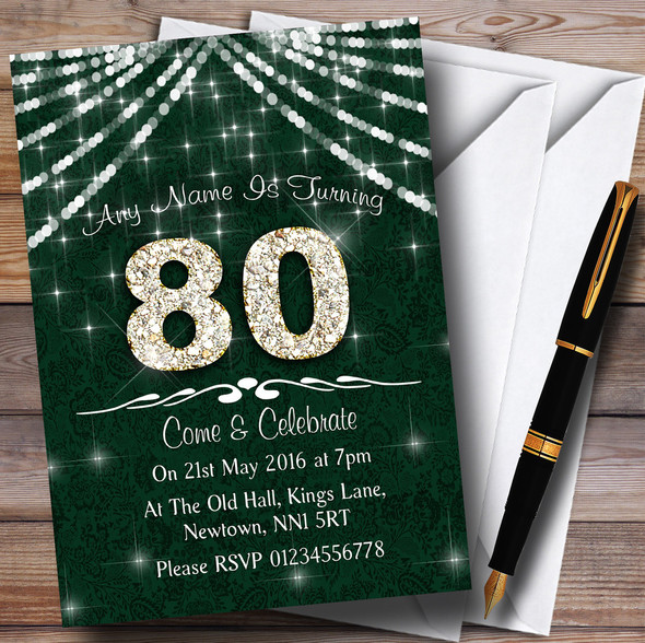 90Th Green & White Bling Sparkle Birthday Party Personalised Invitations