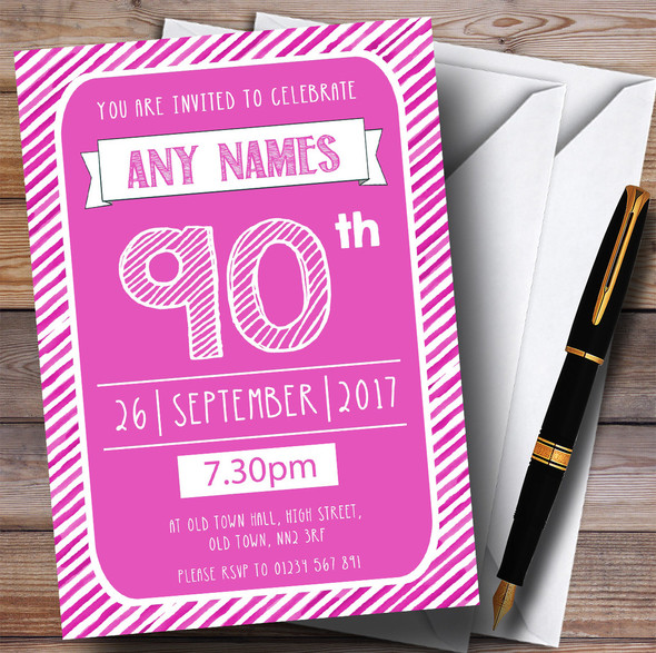 Pink & White Stripy Deco 90th Personalised Birthday Party Invitations