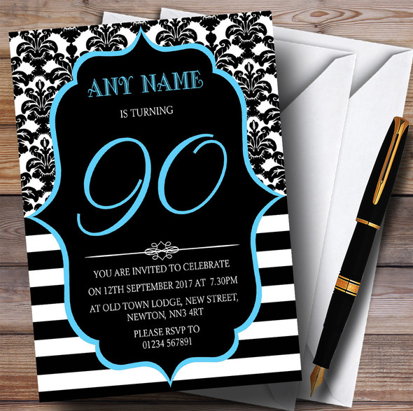 Vintage Damask Blue 90th Personalised Birthday Party Invitations