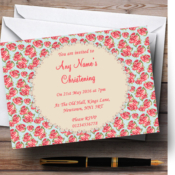 Blue And Coral Pink Floral Shabby Chic Chintz Personalised Christening Invitations