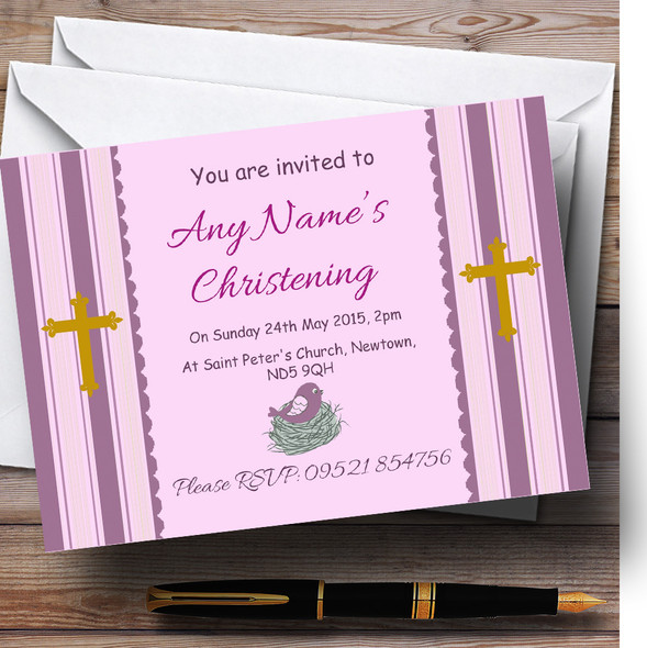 Birds In Nest Girl Christening Party Personalised Invitations