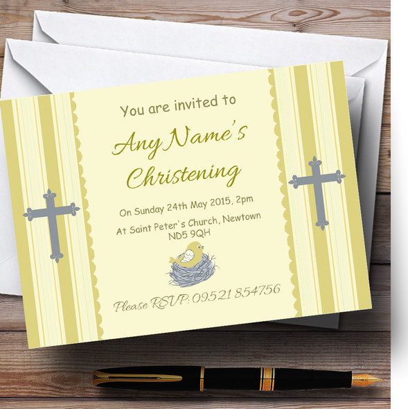 Birds In Nest Yellow Christening Party Personalised Invitations