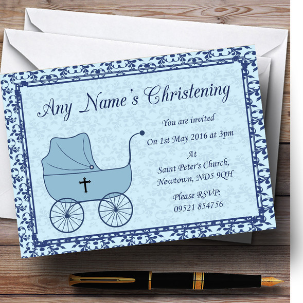 Boy Blue Pram Christening Party Personalised Invitations