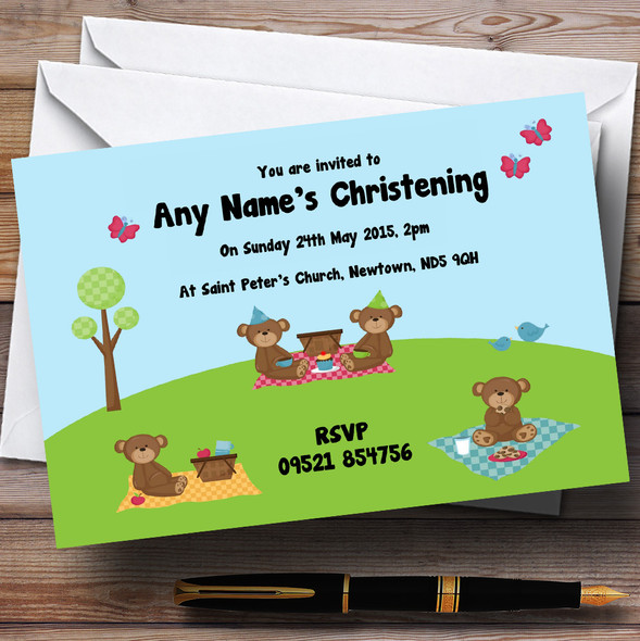 Picnic Teddy Bears Christening Party Personalised Invitations