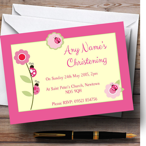 Pink Yellow Ladybirds Sweet Christening Party Personalised Invitations