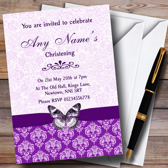 Cadbury Purple Vintage Floral Damask Butterfly Personalised Christening Invitations