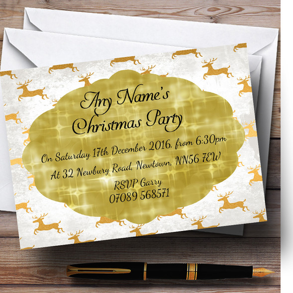 White Snowy Gold Reindeers Personalised Christmas Party Invitations