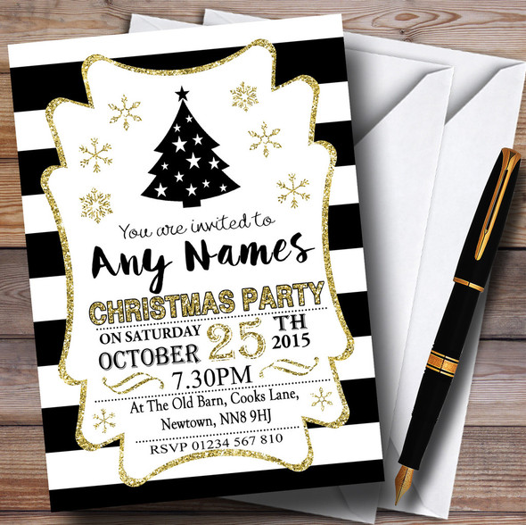 Black & White Stripes With Gold Personalised Christmas Party Invitations