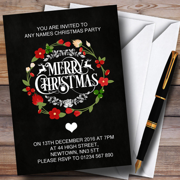 Black Merry Xmas Wreath Personalised Christmas Party Invitations