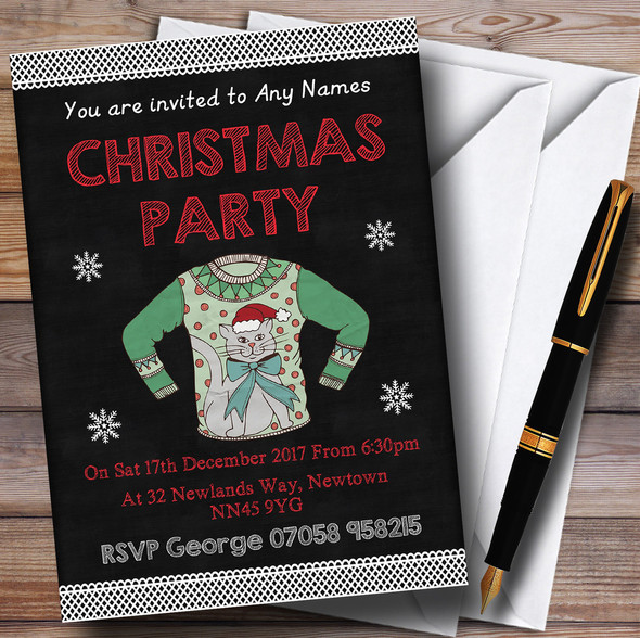 Chalk Effect Cat Christmas Jumper Personalised Christmas Party Invitations