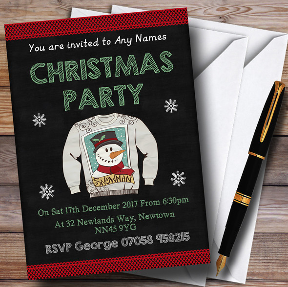 Chalk Effect Snowman Xmas Jumper Personalised Christmas Party Invitations