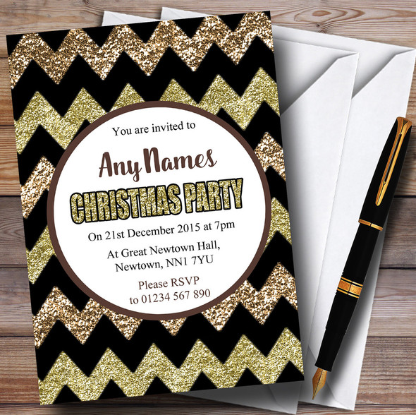 Chevrons Bronze & Gold Personalised Christmas Party Invitations