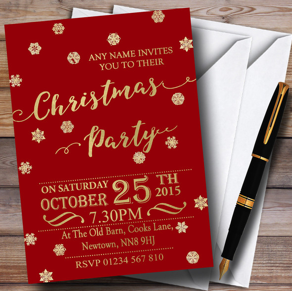 Golden Snowflakes & Red Personalised Christmas Party Invitations