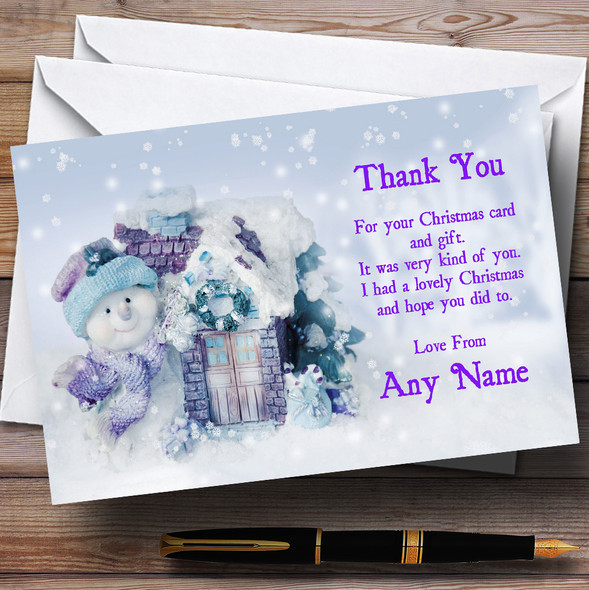 Cute Snowman And Flakes Personalised Christmas Party Thank You Cards