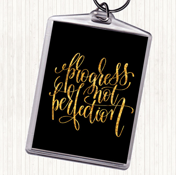 Black Gold Progress Not Perfection Quote Bag Tag Keychain Keyring