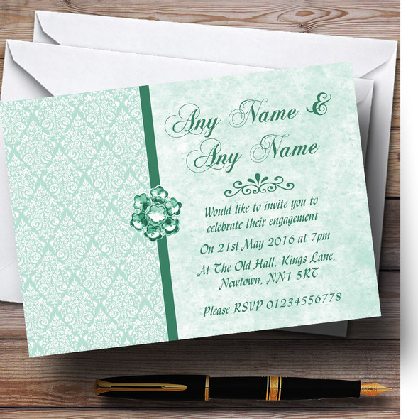 Pale Mint Green Vintage Damask Jewel Personalised Engagement Party Invitations
