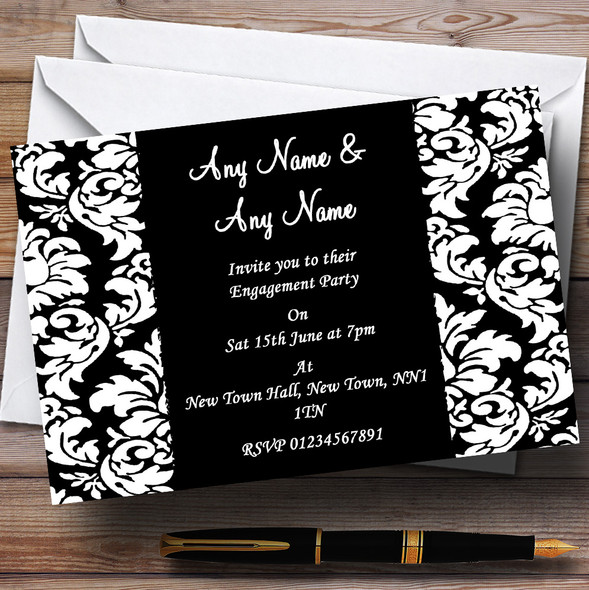 Floral Black White Damask Engagement Party Personalised Invitations