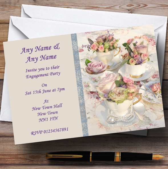 Floral Teacups Pretty Vintage Tea Engagement Party Personalised Invitations