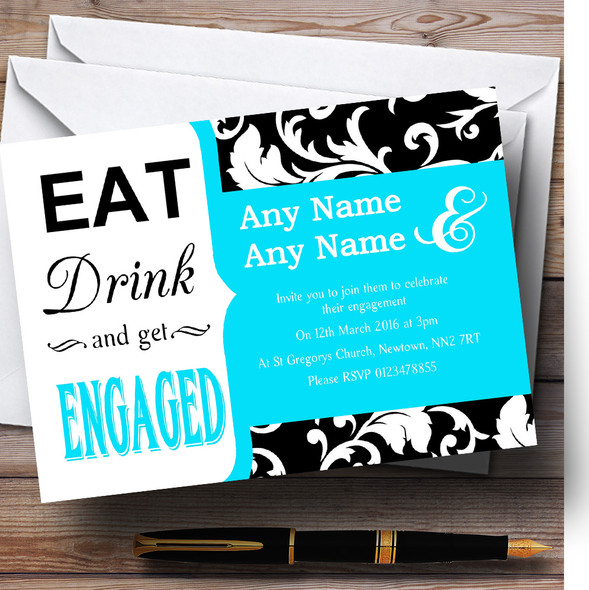 Aqua Blue Vintage Damask Eat Drink Personalised Engagement Party Invitations