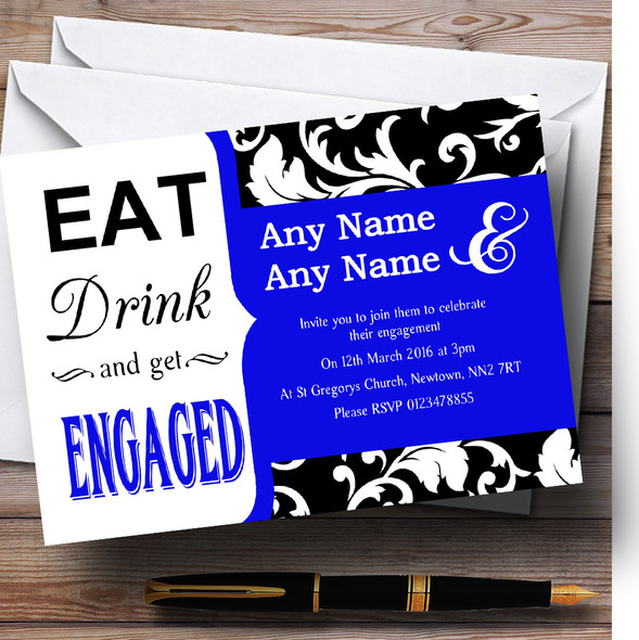 Royal Blue Vintage Damask Eat Drink Personalised Engagement Party Invitations