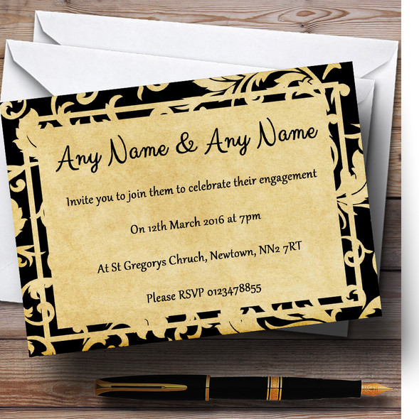 Vintage Black Damask Postcard Style Personalised Engagement Party Invitations