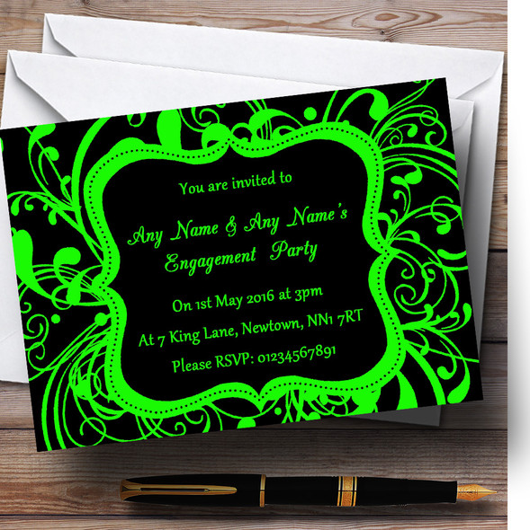 Black & Green Swirl Deco Personalised Engagement Party Invitations