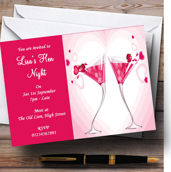 Pink Strawberry Cocktails Personalised Hen Do Night Party Invitations