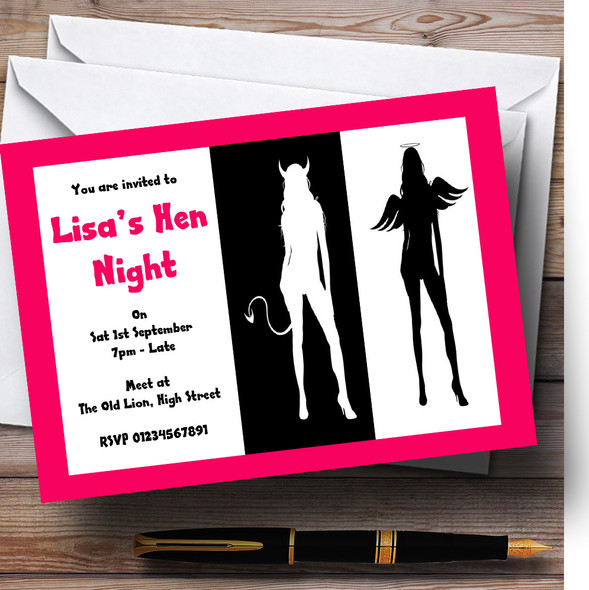 Angel And Devil Black White Pink Personalised Hen Do Night Party Invitations