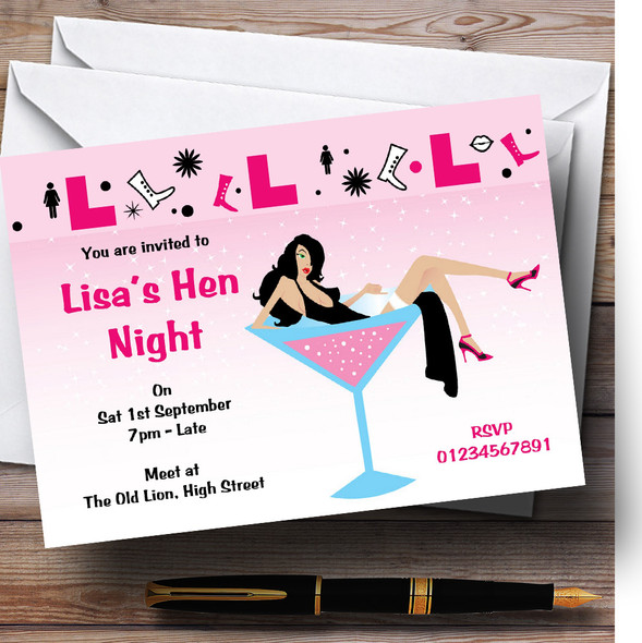 Black And Pink Lady Cocktail Personalised Hen Do Night Party Invitations