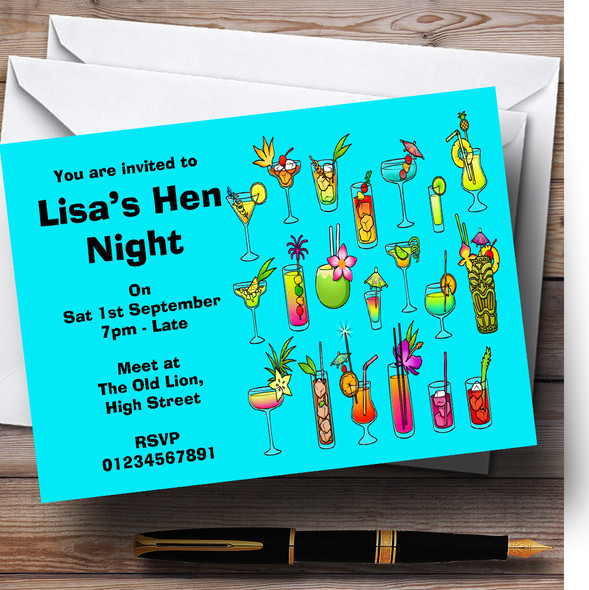 Turquoise Cocktails Personalised Hen Do Night Party Invitations