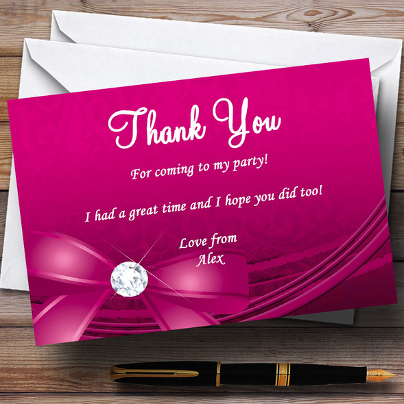 Pink Bow And Diamond Personalised Party Thank You Cards