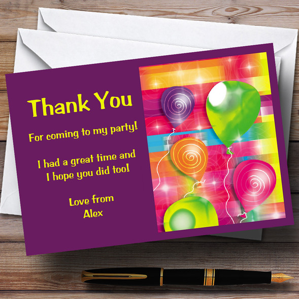 Purple Yellow Balloons Personalised Party Thank You Cards