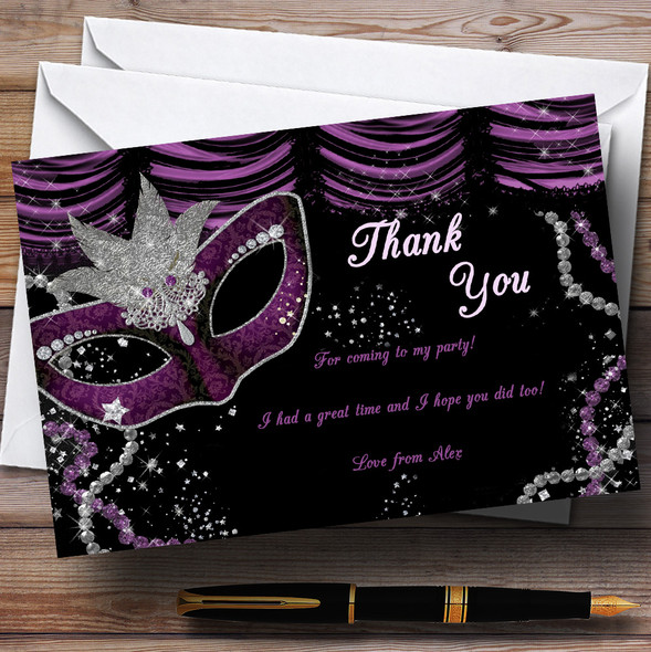 Masquerade Purple Personalised Birthday Party Thank You Cards