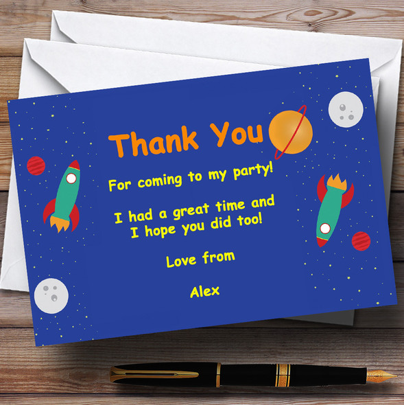 Outer Space Rocket Blue Personalised Birthday Party Thank You Cards