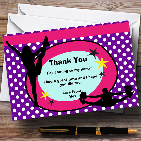 Purple Cheerleader Personalised Birthday Party Thank You Cards