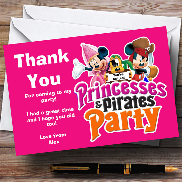 Girl's Pink Pirate And Princess Personalised Birthday Party Thank You Cards